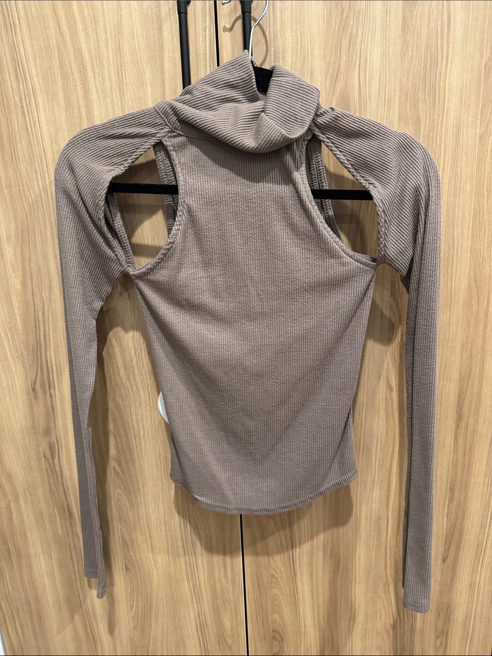Free People Taupe Ribbed Cold-Shoulder Long Sleeve Top